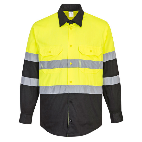 PortWest Class 2 Hi Vis Yellow Black Bottom Long Sleeve Work Shirt E066 Front